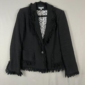 Serena Kay Blazer Jacket Women's 42 Black Cotton Fringe Trim Notch Lapel‎ Career